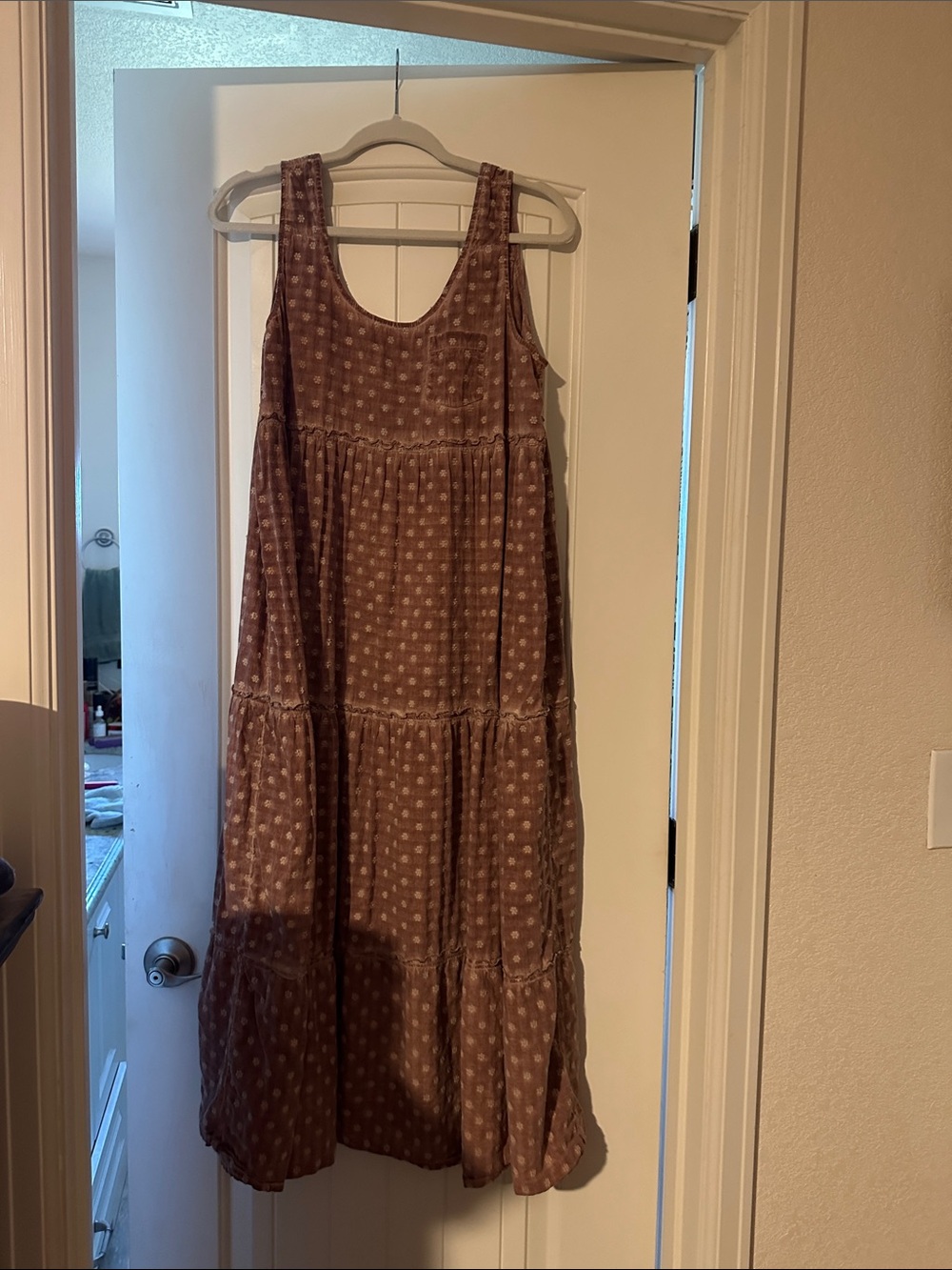 Sleeveless Tiered Maxi Dress in Dusty Mauve with Polka Dot Print